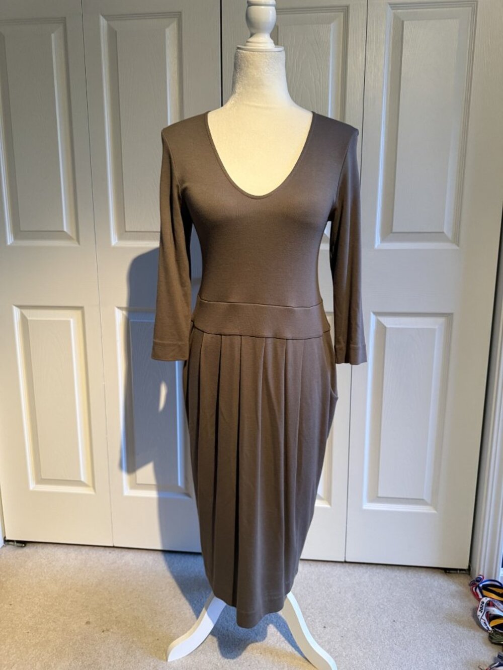 Pure Collection Heavy Midi Jersey Dress Pockets Pleats V-Neck Dark Gray Size 4
